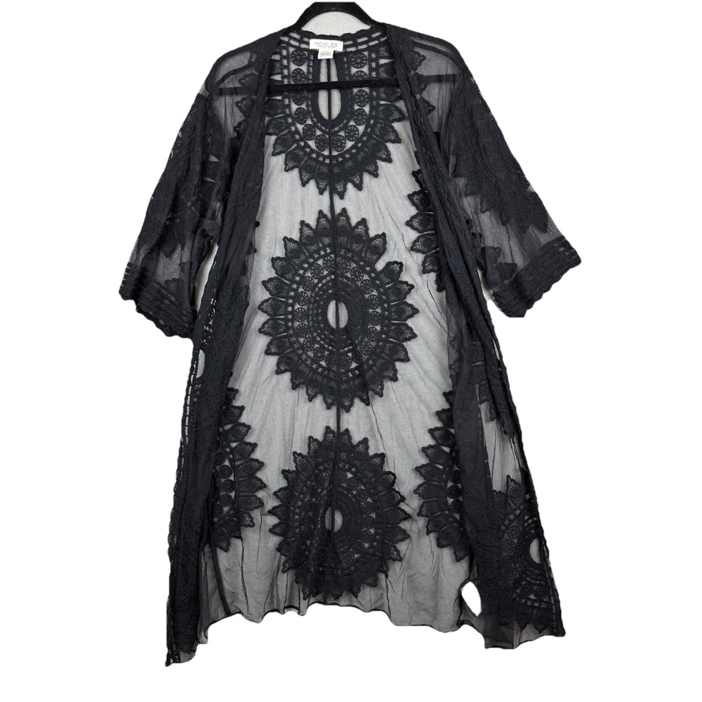 Rachel Zoe Kimono Cover Up Duster Black Lace Embroidered OS Boho Grunge Festival